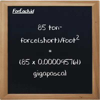 Cara konversi ton-force(short)/kaki<sup>2</sup> ke gigapaskal (tf/ft<sup>2</sup> ke GPa): 85 ton-force(short)/kaki<sup>2</sup> (tf/ft<sup>2</sup>) setara dengan 85 dikalikan dengan 0.000095761 gigapaskal (GPa)